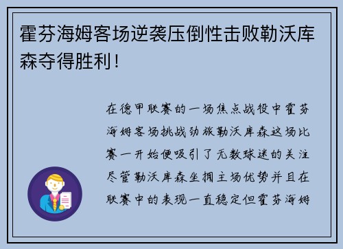 霍芬海姆客场逆袭压倒性击败勒沃库森夺得胜利！