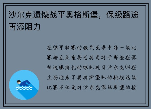 沙尔克遗憾战平奥格斯堡，保级路途再添阻力
